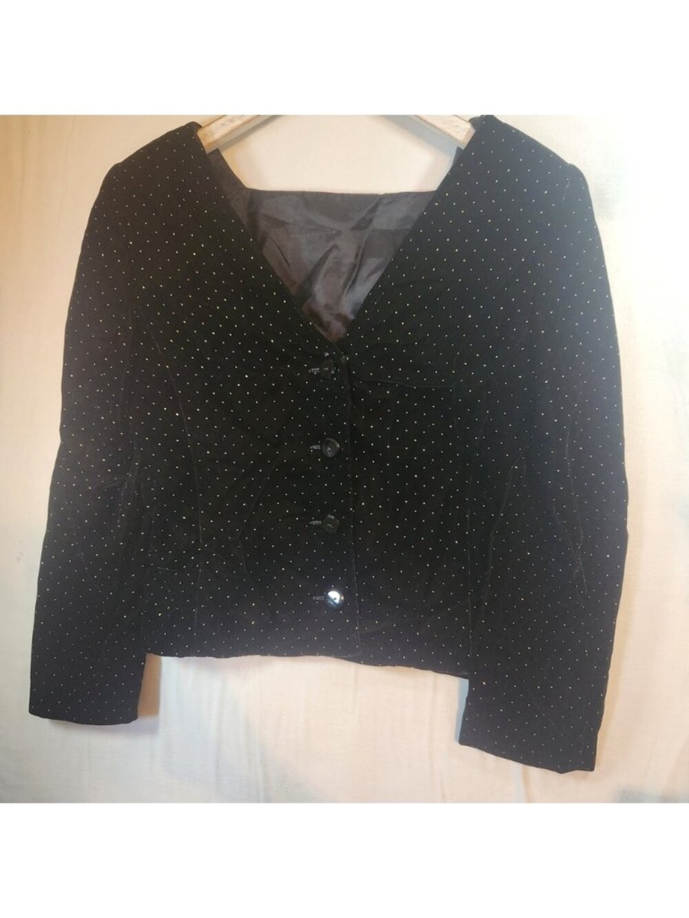Albert Nipon Vintage Black Velvet Gold Polka Dot Jacket low back, buttons 80s